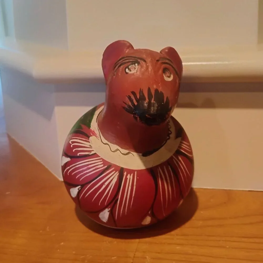 Vintage Mexican Terracotta Folk Art Dog Pitcher Hand Painted Redware Clay 5 1/2" - Picture 2 of 8